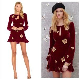 For Love And Lemons Papillon Mini Dress 3D Butterfly Velvet Maroon Red Size XS